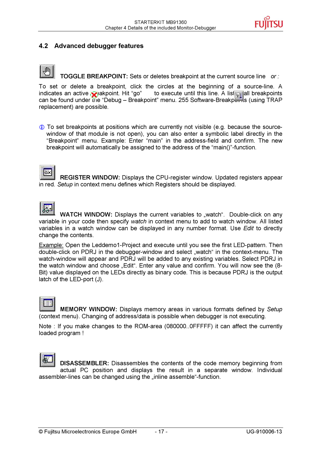 Fujitsu MB91360 manual Advanced debugger features 