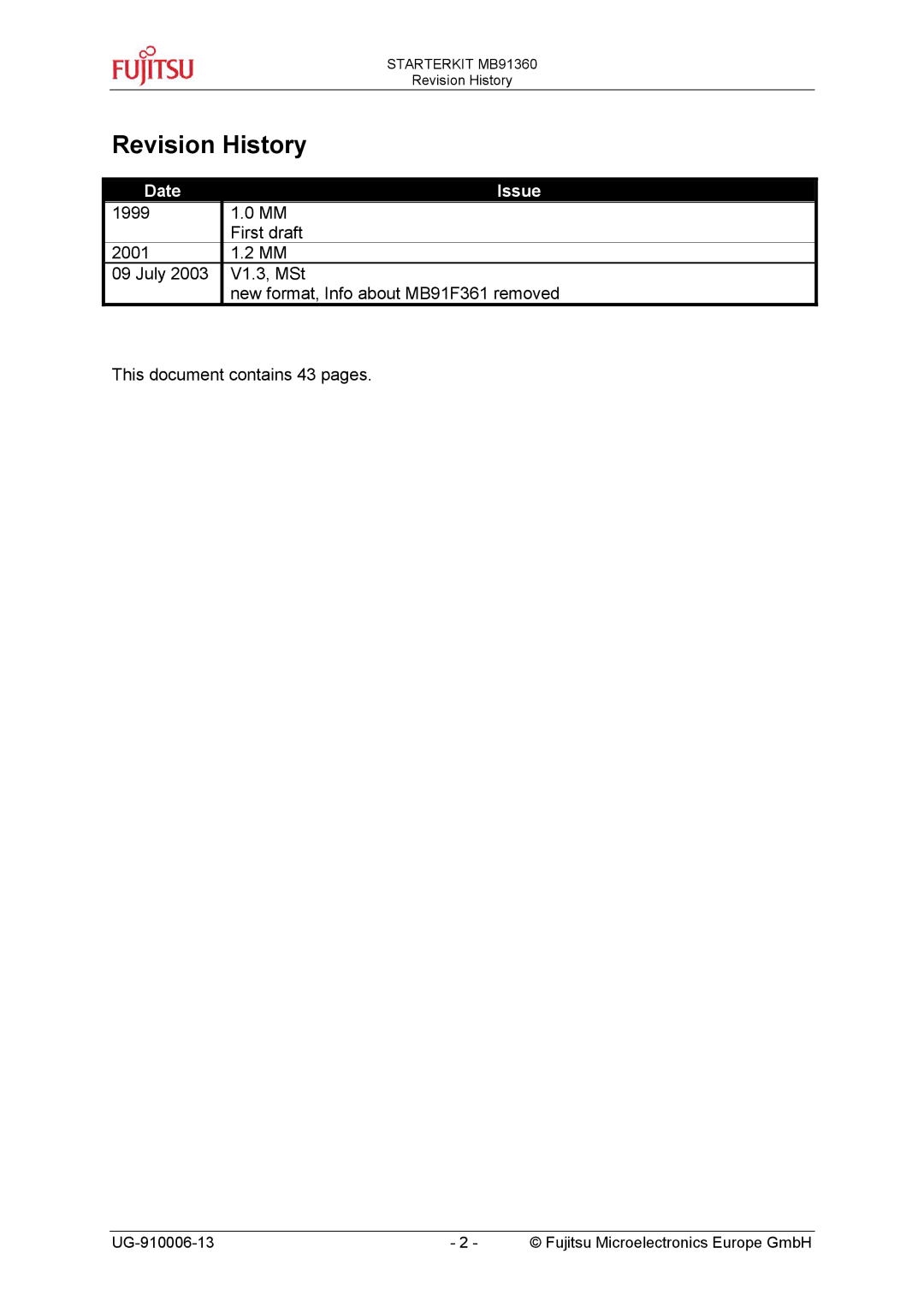 Fujitsu MB91360 manual Revision History, Date Issue 