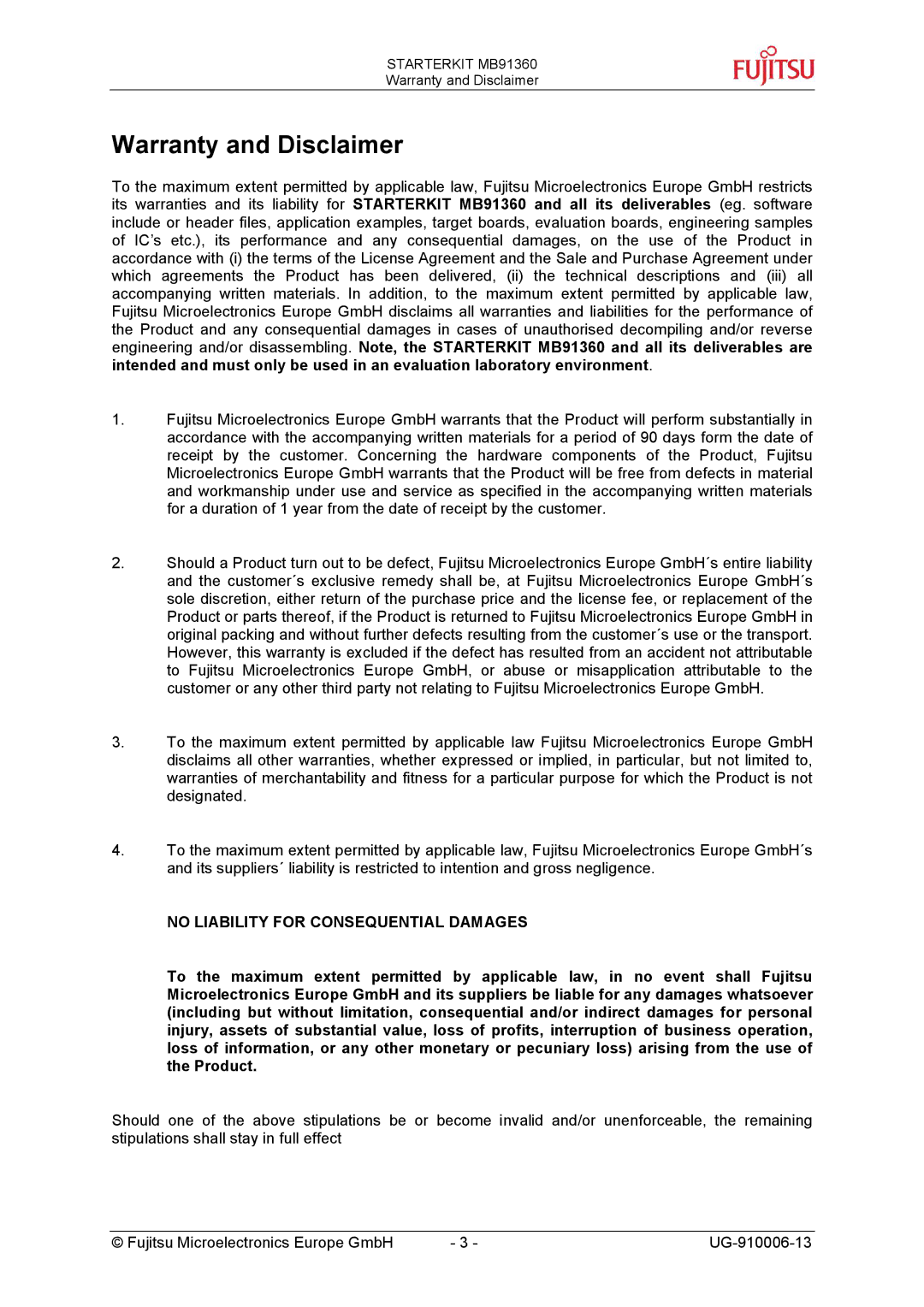 Fujitsu MB91360 manual Warranty and Disclaimer, No Liability for Consequential Damages 