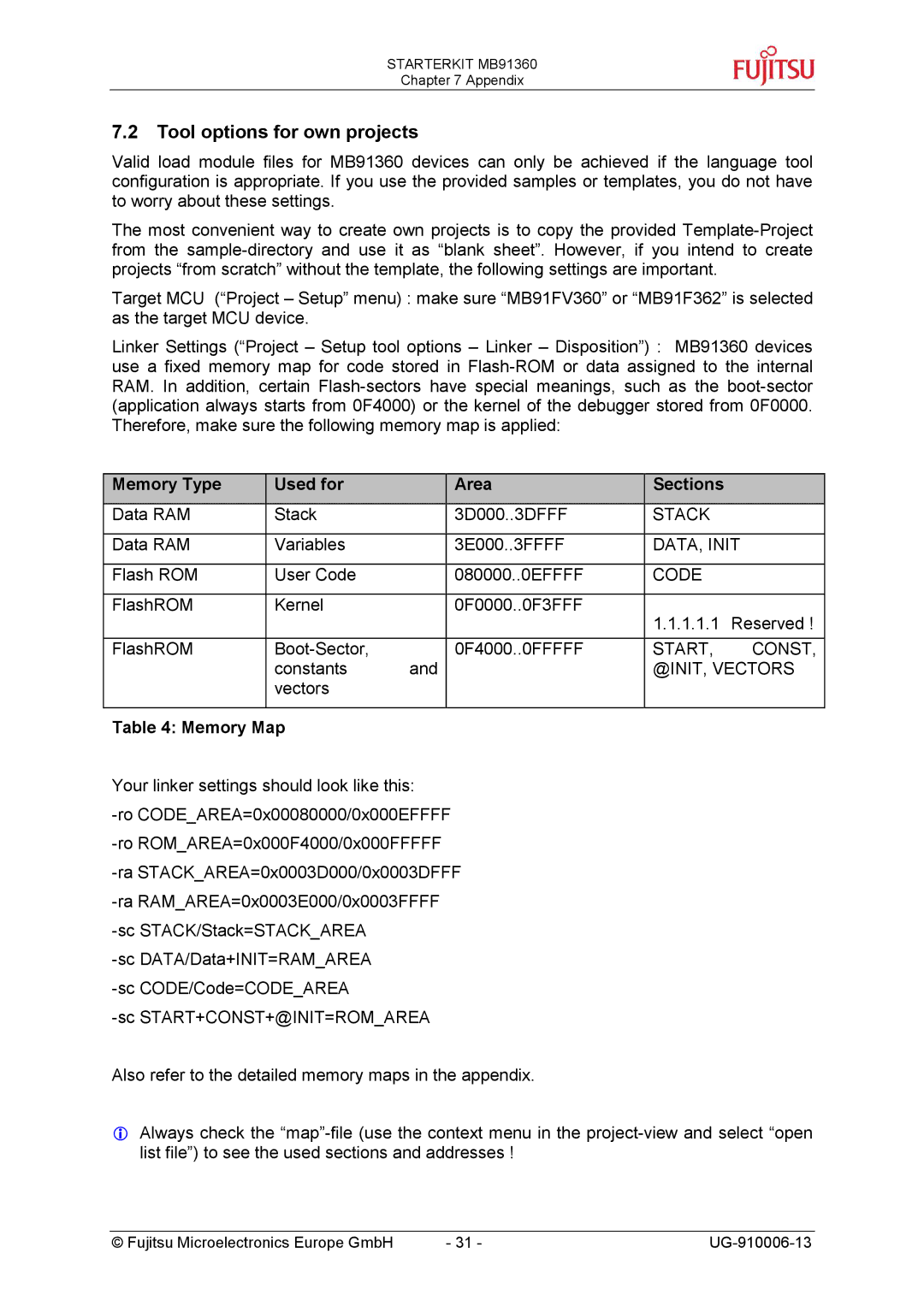 Fujitsu MB91360 manual Tool options for own projects, Memory Type Used for Area Sections 