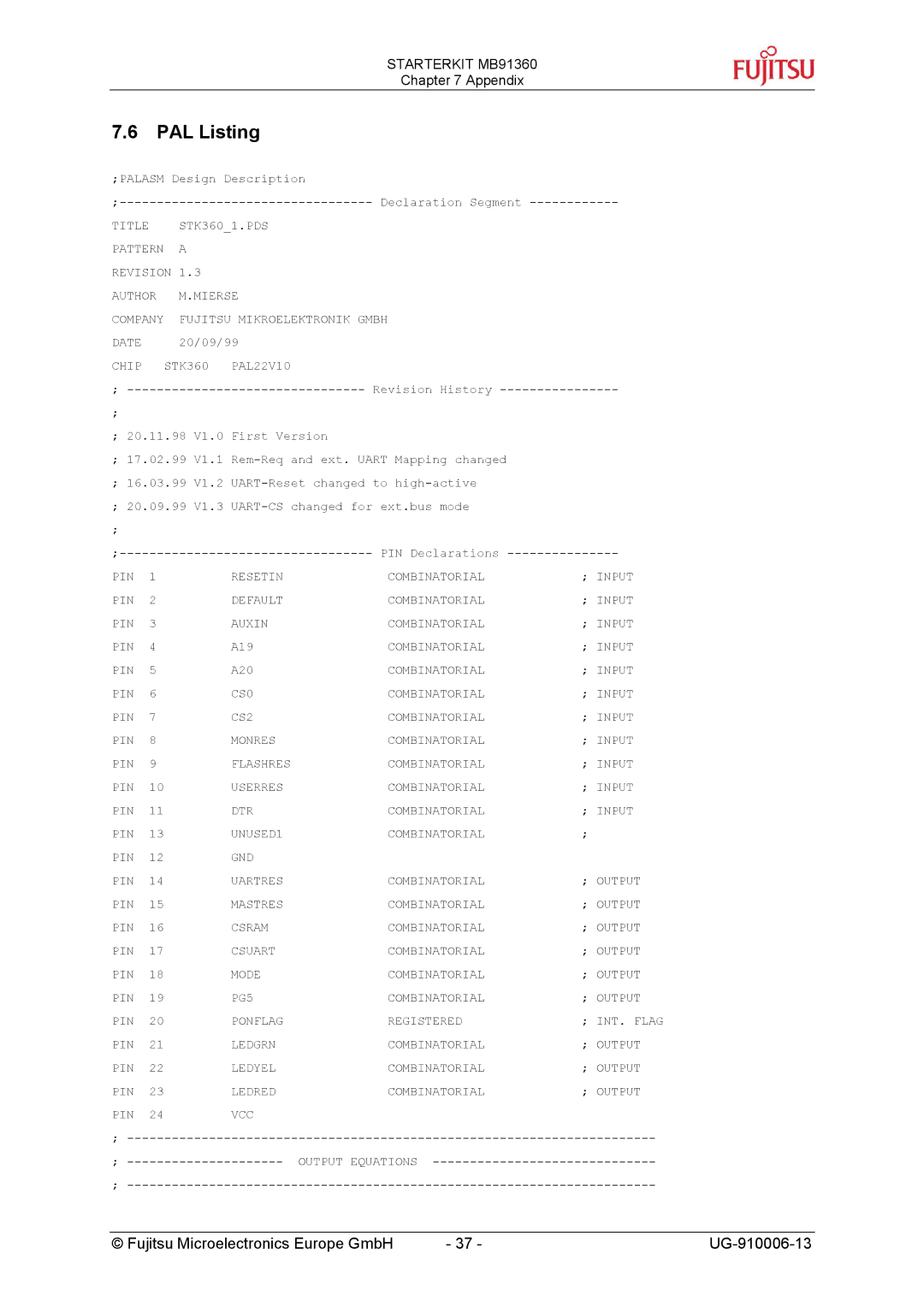 Fujitsu MB91360 manual PAL Listing, Chip 