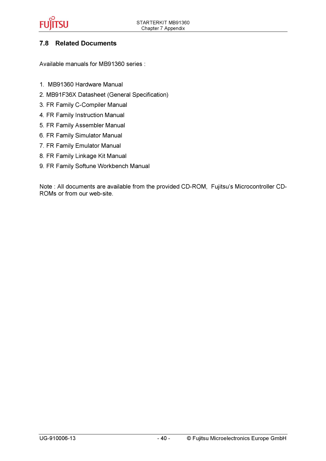 Fujitsu MB91360 manual Related Documents 