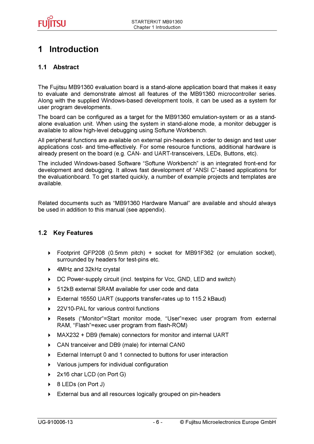 Fujitsu MB91360 manual Introduction, Abstract, Key Features 