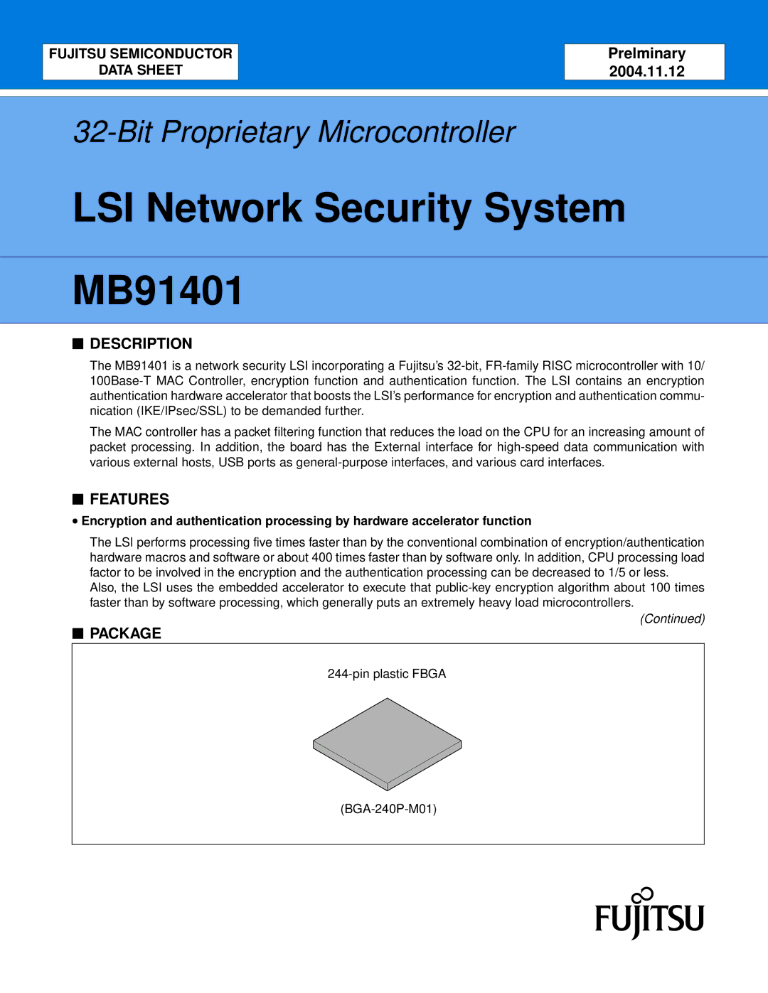 Fujitsu MB91401 manual Description, Features, Package 