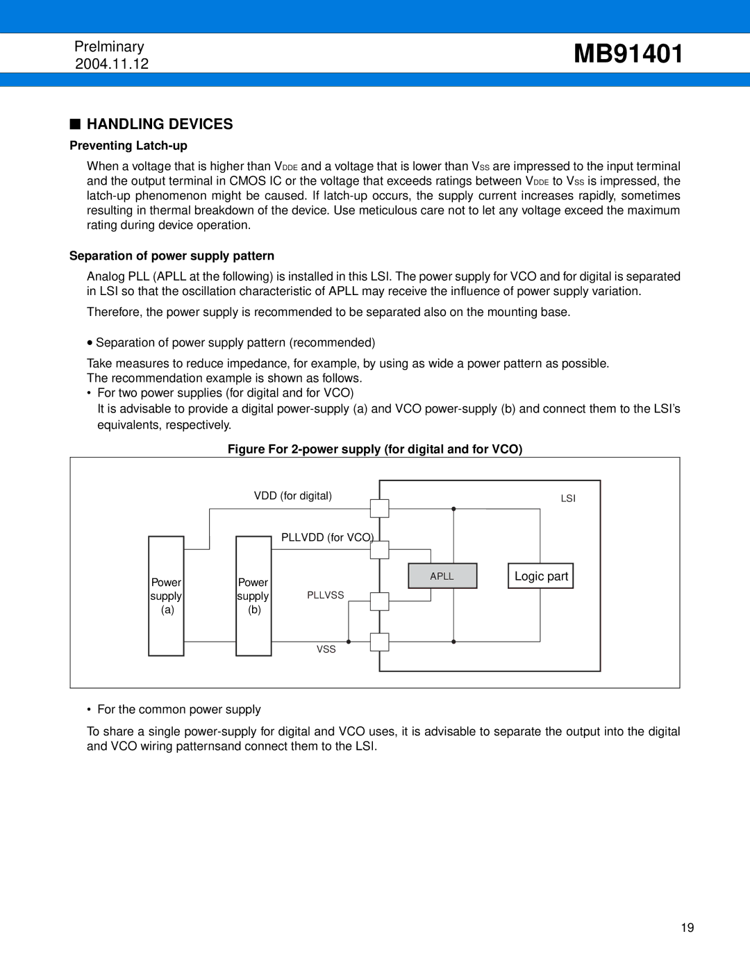 Fujitsu MB91401 manual Handling Devices, Preventing Latch-up, Separation of power supply pattern 