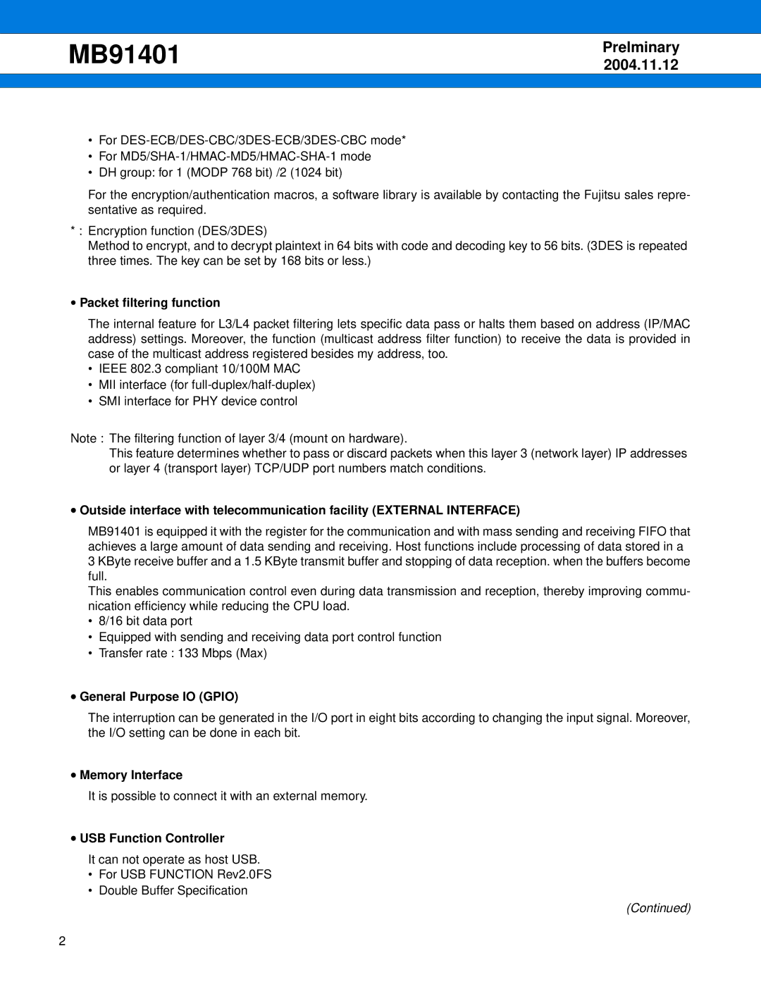 Fujitsu MB91401 manual Packet filtering function, General Purpose IO Gpio, Memory Interface, USB Function Controller 