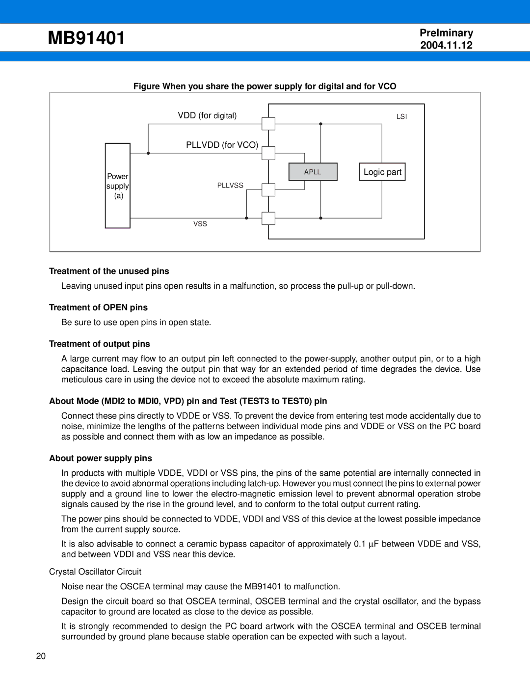 Fujitsu MB91401 Treatment of the unused pins, Treatment of Open pins, Treatment of output pins, About power supply pins 