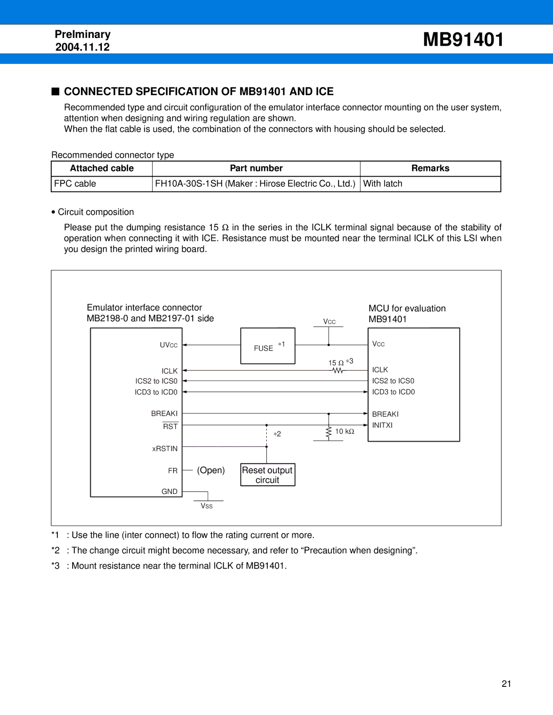 Fujitsu manual Connected Specification of MB91401 and ICE, Attached cable Part number Remarks 