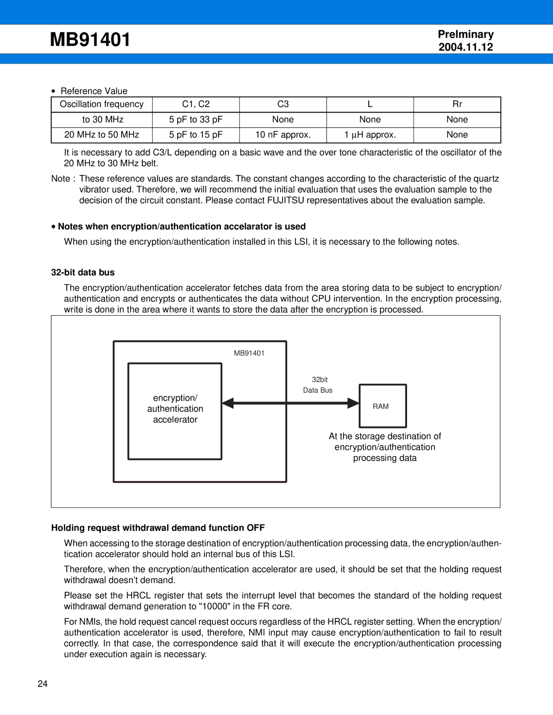 Fujitsu MB91401 manual Bit data bus, Holding request withdrawal demand function OFF 