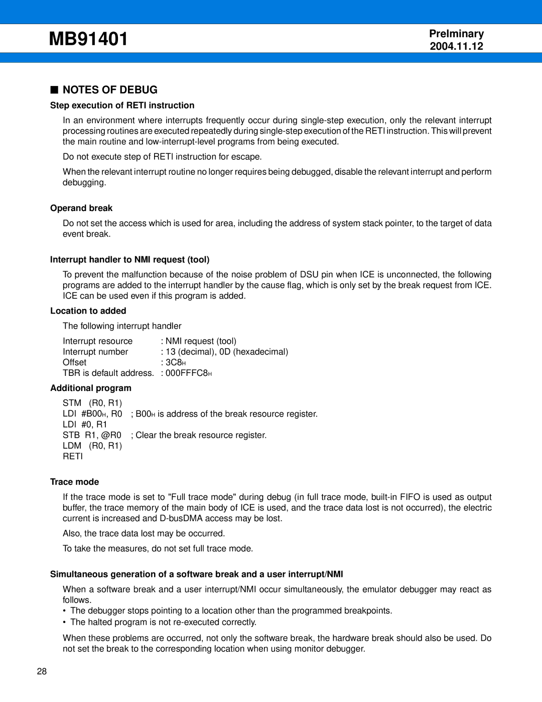 Fujitsu MB91401 manual Step execution of Reti instruction, Operand break, Interrupt handler to NMI request tool, Trace mode 