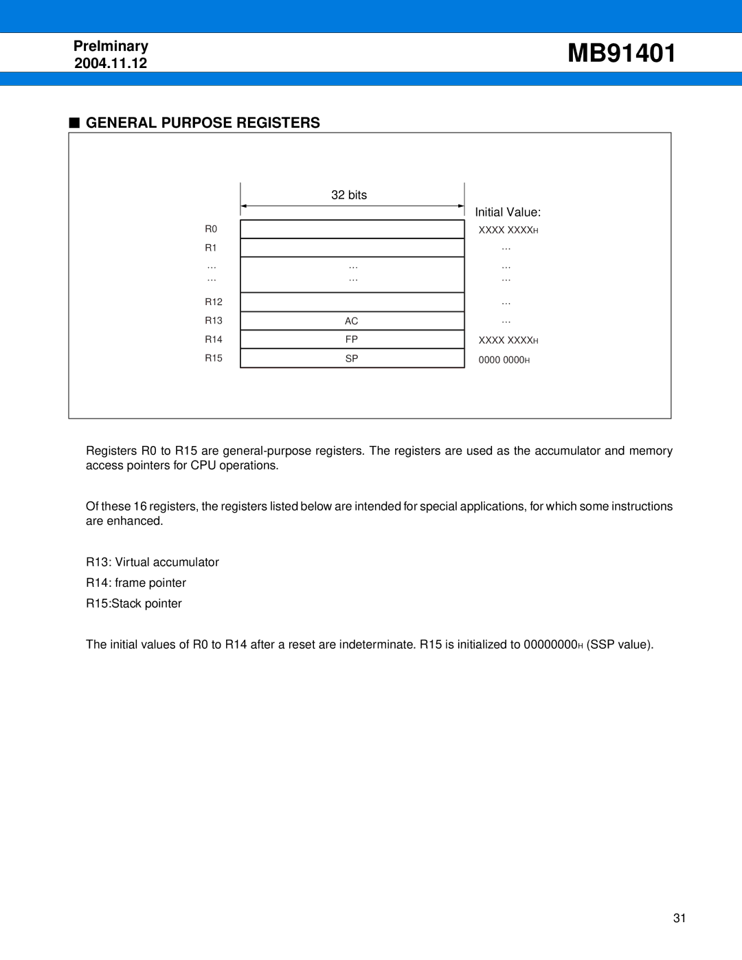 Fujitsu MB91401 manual General Purpose Registers 