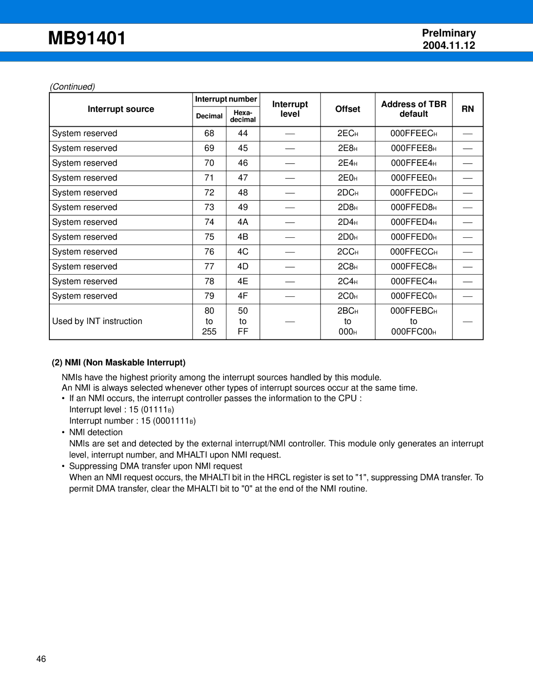 Fujitsu MB91401 manual Interrupt Address of TBR Interrupt source Offset, NMI Non Maskable Interrupt 