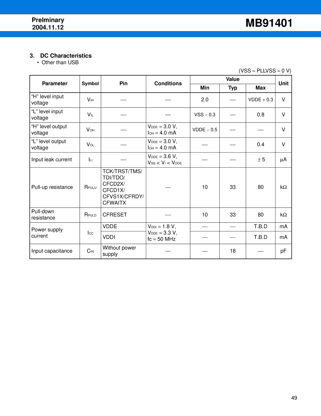 Fujitsu MB91401 Parameter, Pin Conditions Value Unit Min Typ, Tck/Trst/Tms Tdi/Tdo, CFCD2X CFCD1X CFVS1X/CFRDY Cfwaitx 