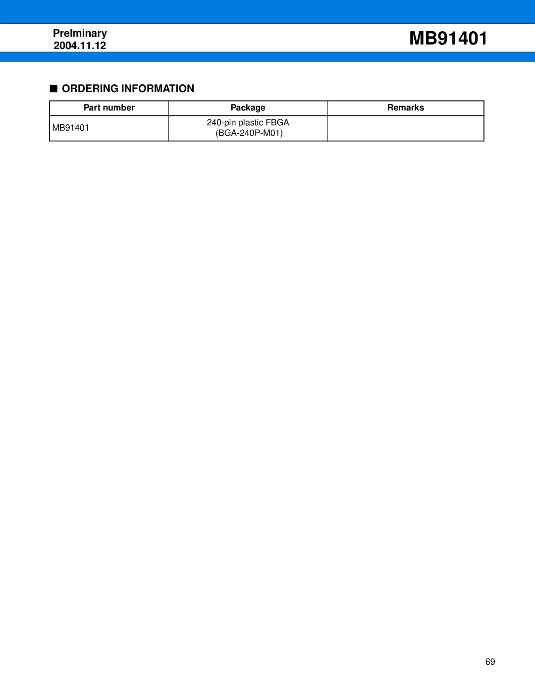 Fujitsu MB91401 manual Ordering Information, Part number Package Remarks 