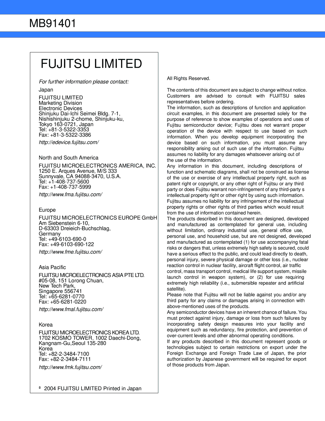 Fujitsu MB91401 manual Japan, North and South America, Europe, Asia Pacific, Korea 