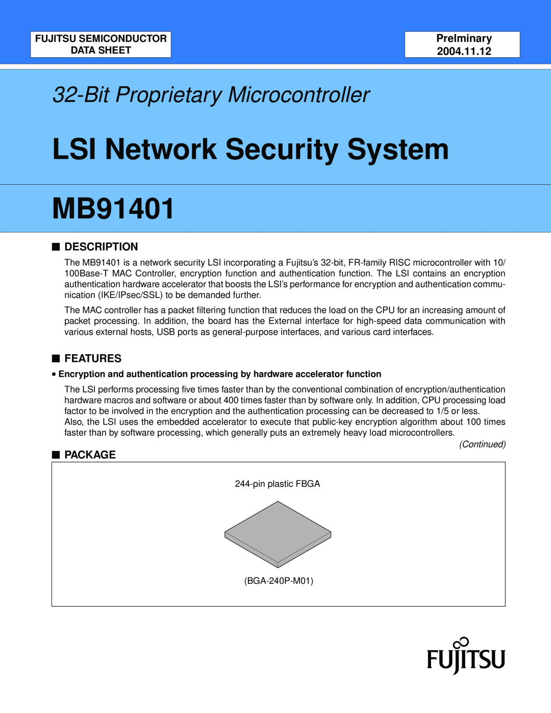 Fujitsu MB91401 manual Prelminary, Description, Features, Package, Fujitsu Semiconductor Data Sheet 