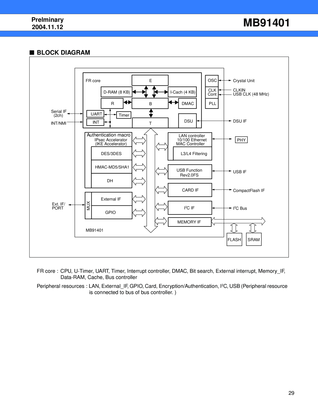 Fujitsu MB91401 manual Block Diagram, Prelminary, 2004.11.12 
