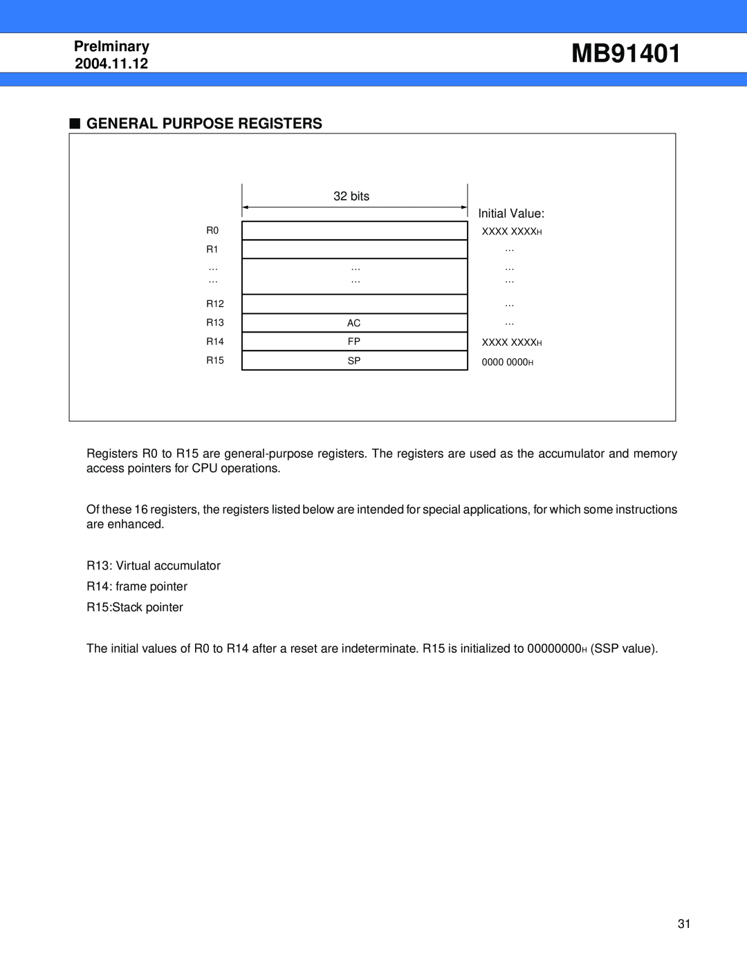 Fujitsu MB91401 manual General Purpose Registers, Prelminary, 2004.11.12 