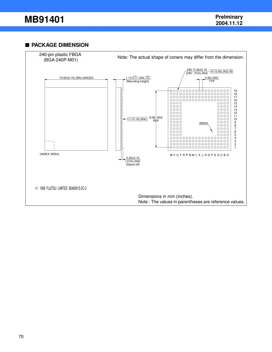 Fujitsu MB91401 manual Package Dimension, Prelminary, 2004.11.12 