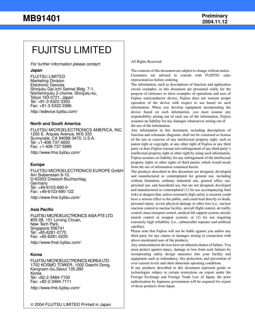 Fujitsu MB91401 manual Japan, North and South America, Europe, Asia Pacific, Korea, Fujitsu Limited, Prelminary, 2004.11.12 