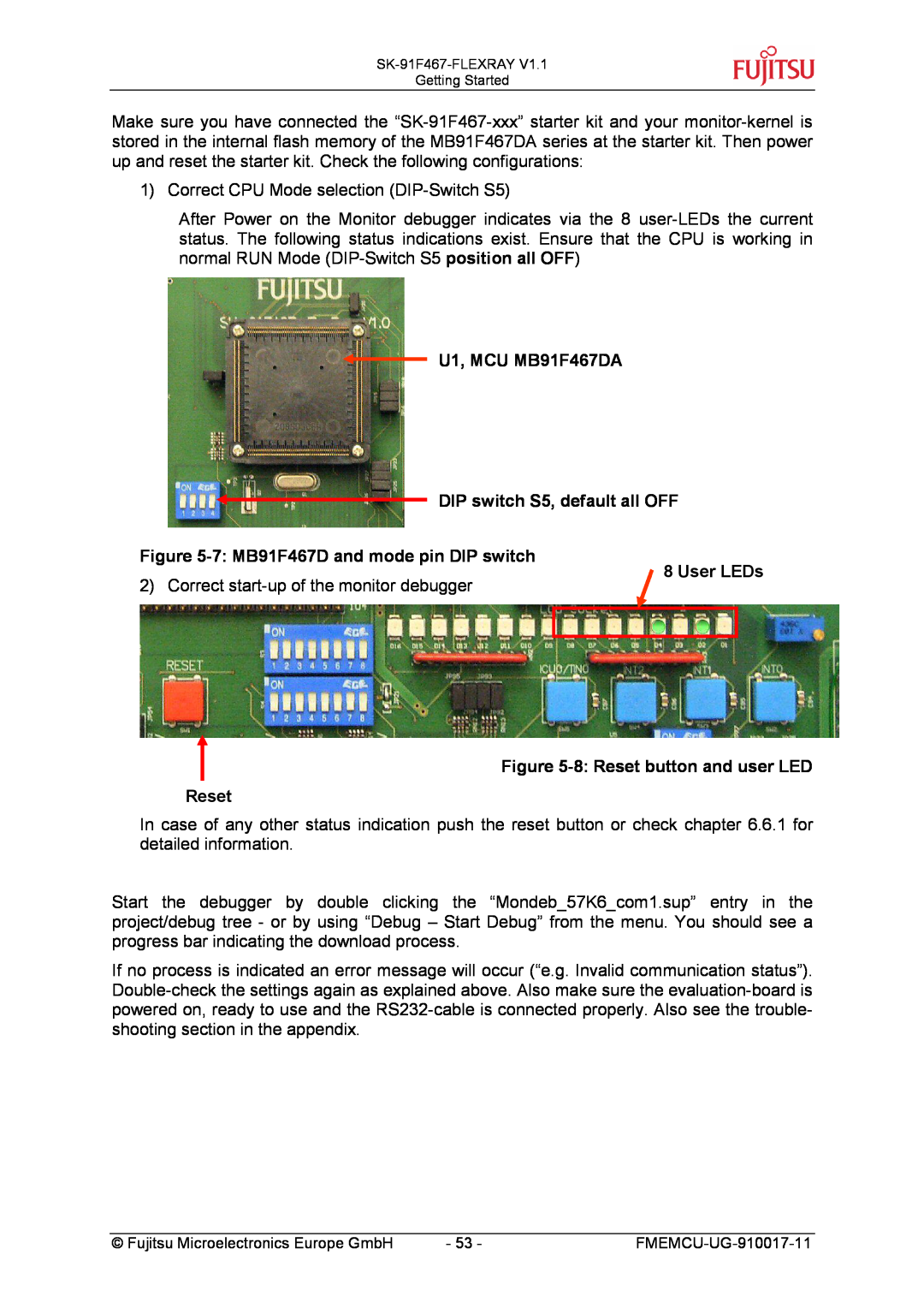 Fujitsu MB88121 SERIES U1, MCU MB91F467DA DIP switch S5, default all OFF, 7 MB91F467D and mode pin DIP switch, User LEDs 