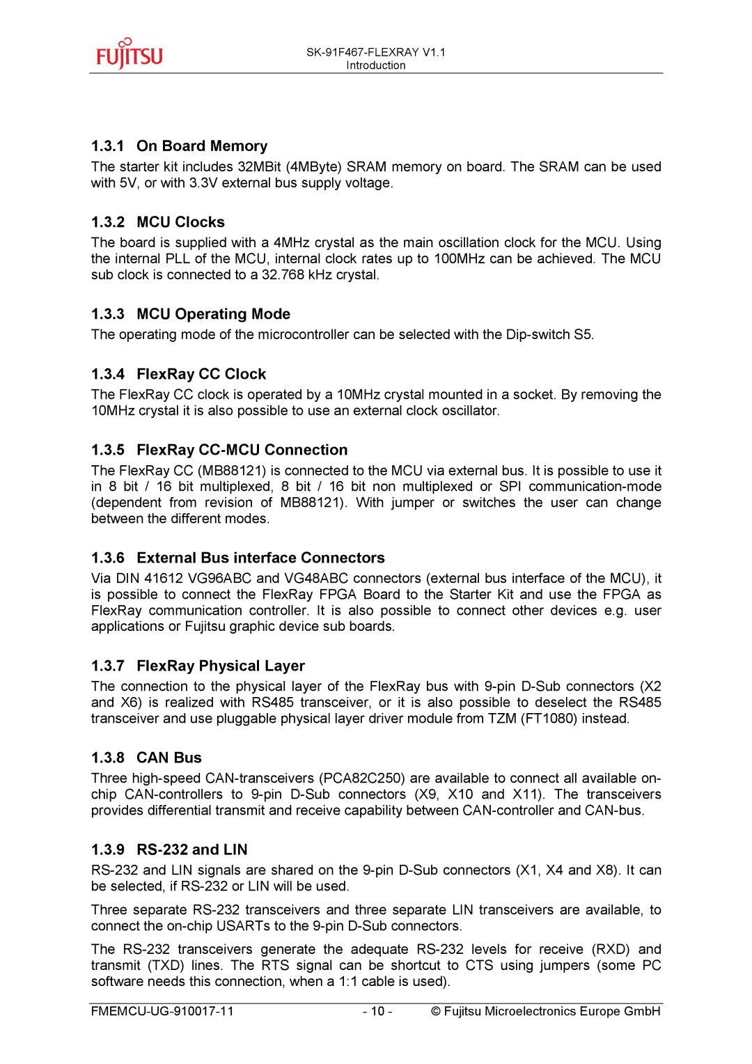 Fujitsu MB91460 SERIES manual On Board Memory, MCU Clocks, MCU Operating Mode, FlexRay CC Clock, FlexRay CC-MCU Connection 