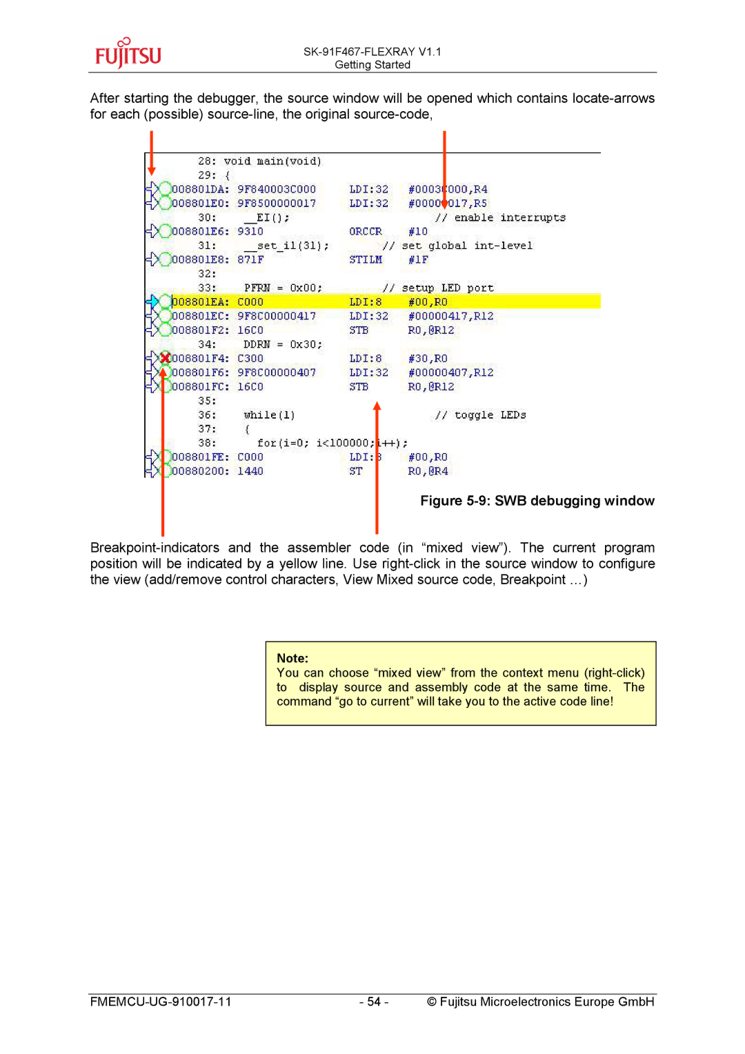 Fujitsu MB91460 SERIES, MB88121 SERIES manual SWB debugging window 