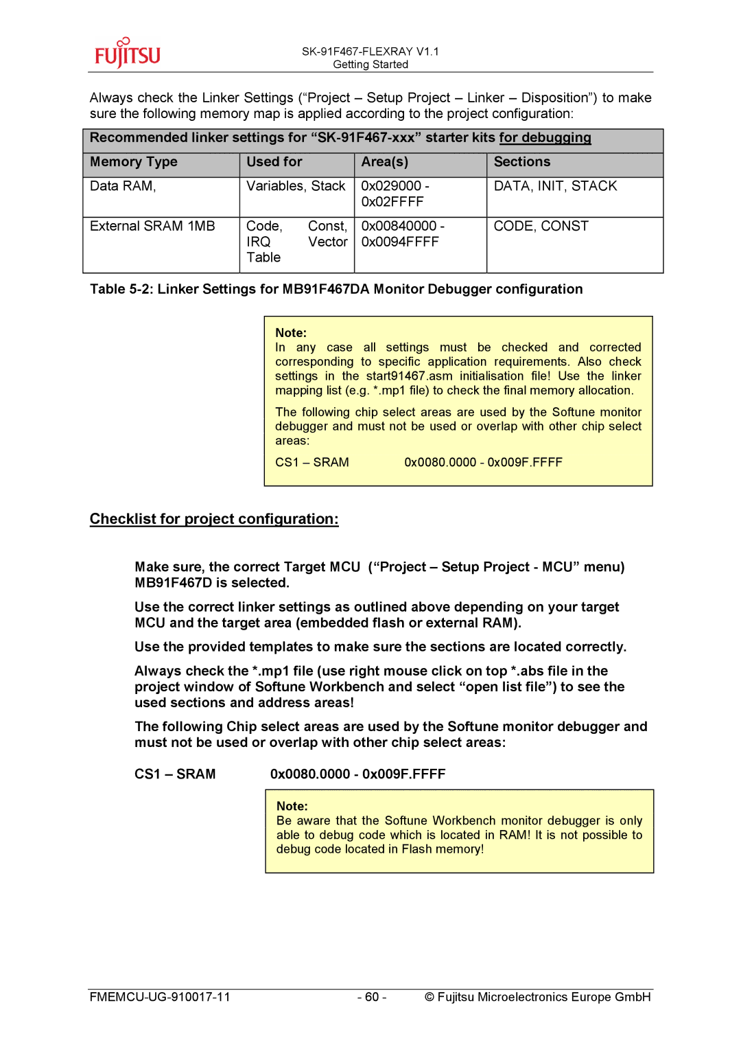 Fujitsu MB91460 SERIES, MB88121 SERIES manual Checklist for project configuration, 0x0080.0000 0x009F.FFFF 