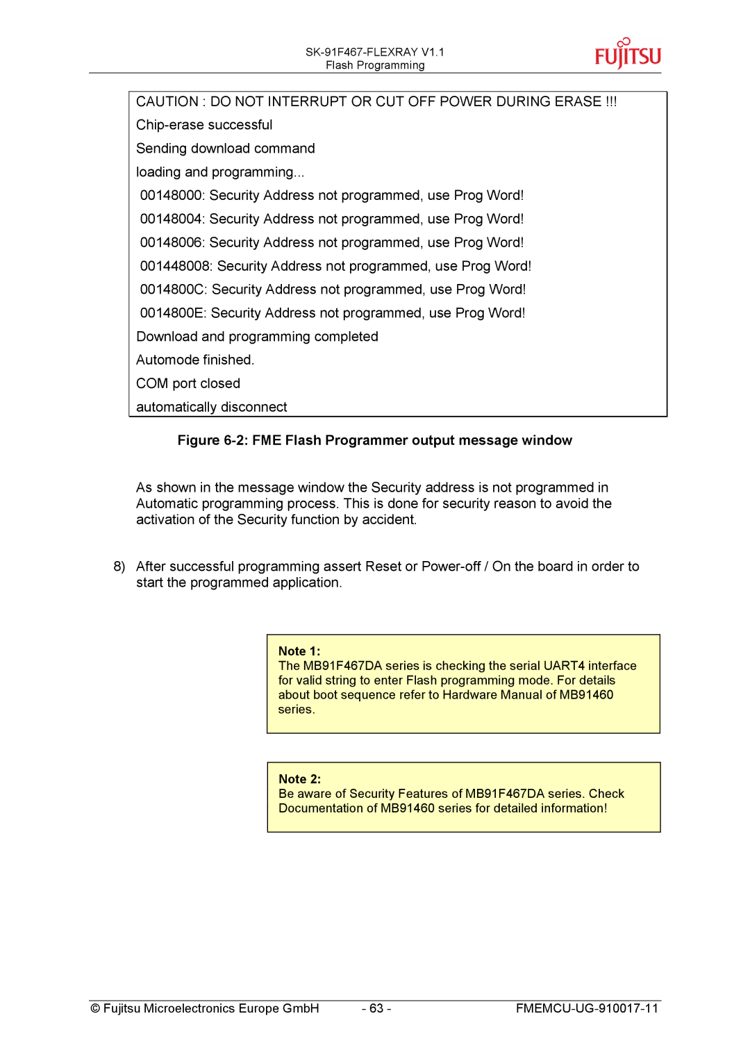 Fujitsu MB88121 SERIES, MB91460 SERIES manual FME Flash Programmer output message window 