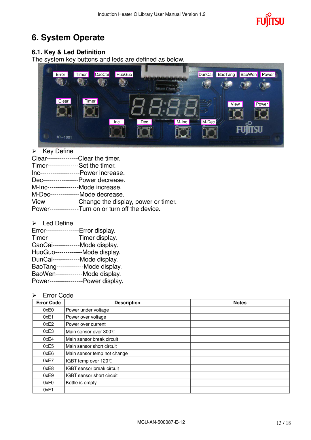 Fujitsu MB95F430 user manual System Operate, Key & Led Definition, Error Code Description 