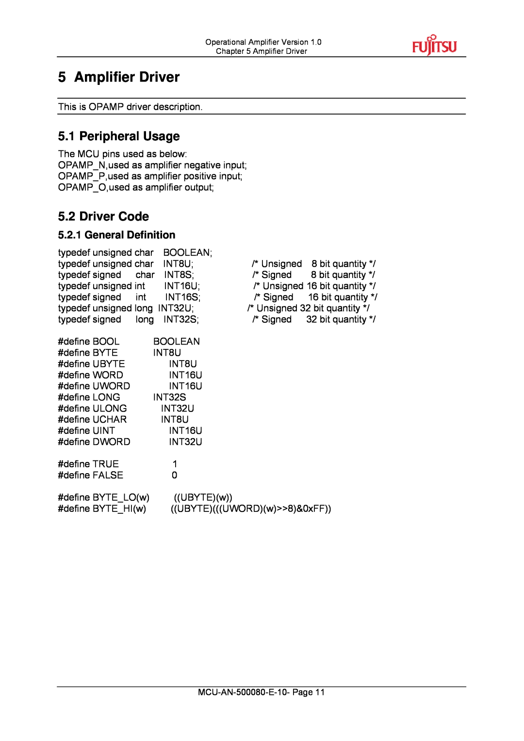 Fujitsu MB95F430 manual Amplifier Driver, Peripheral Usage, Driver Code, General Definition 