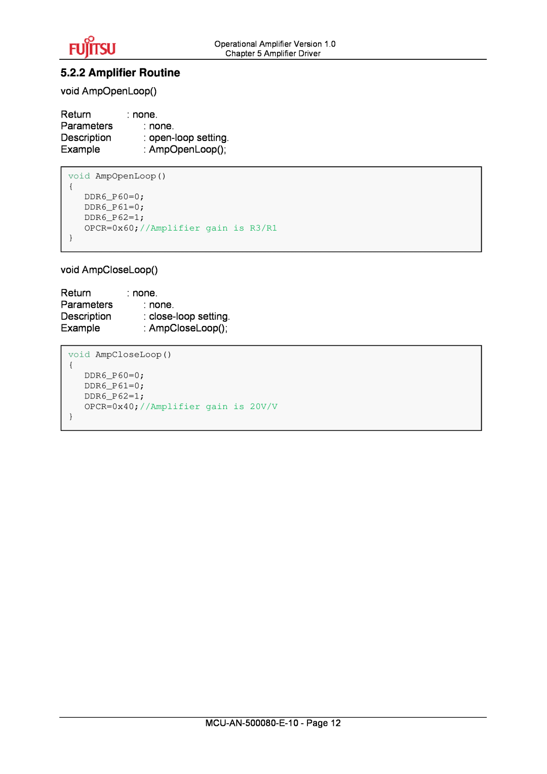 Fujitsu MB95F430 manual 5.2.2Amplifier Routine void AmpOpenLoop 