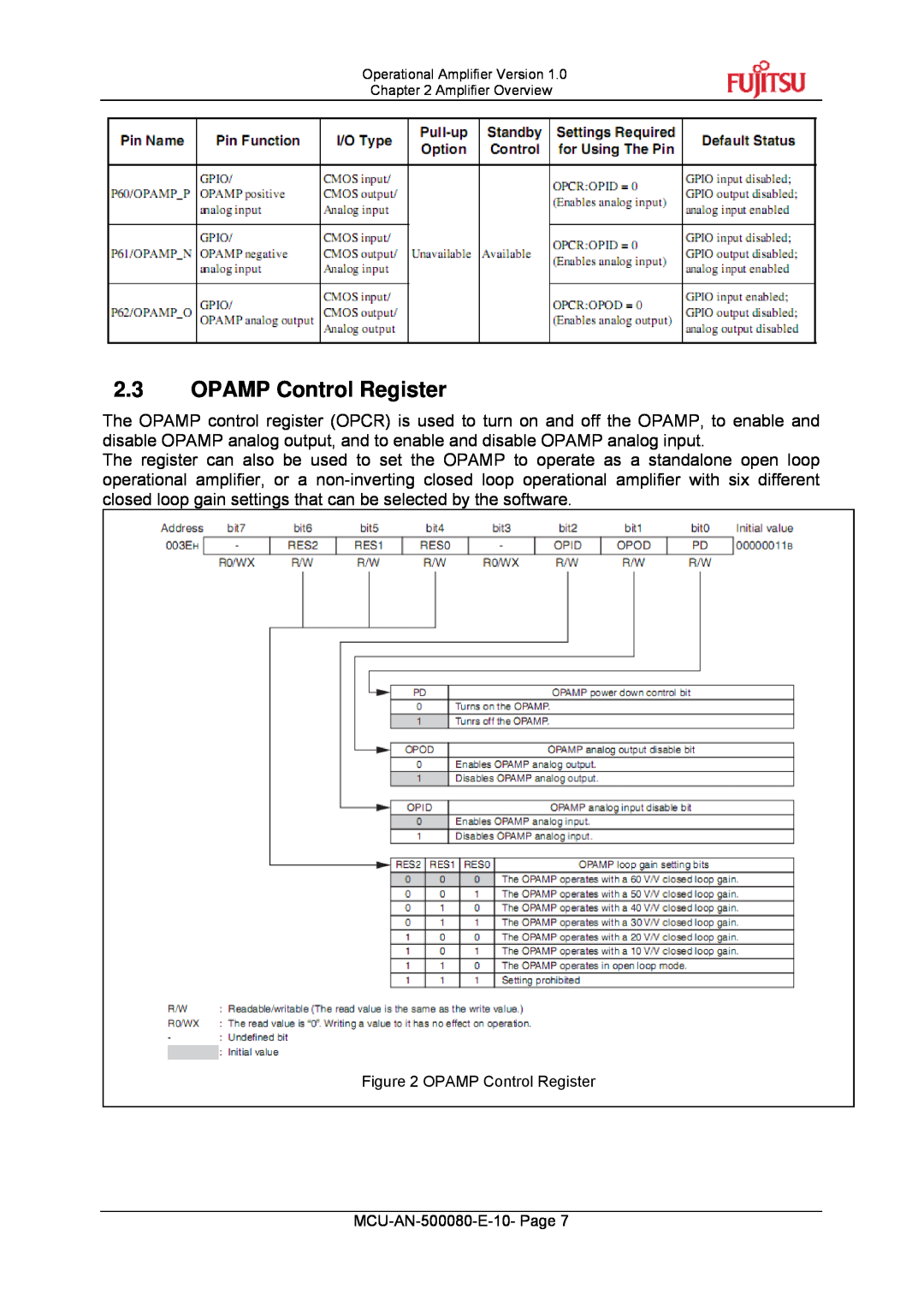 Fujitsu MB95F430 manual 2.3OPAMP Control Register, MCU-AN-500080-E-10-Page 