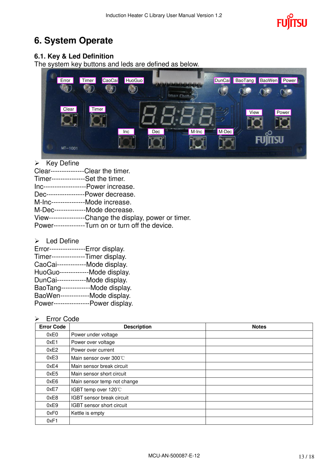 Fujitsu MB95F430 user manual System Operate, Key & Led Definition 