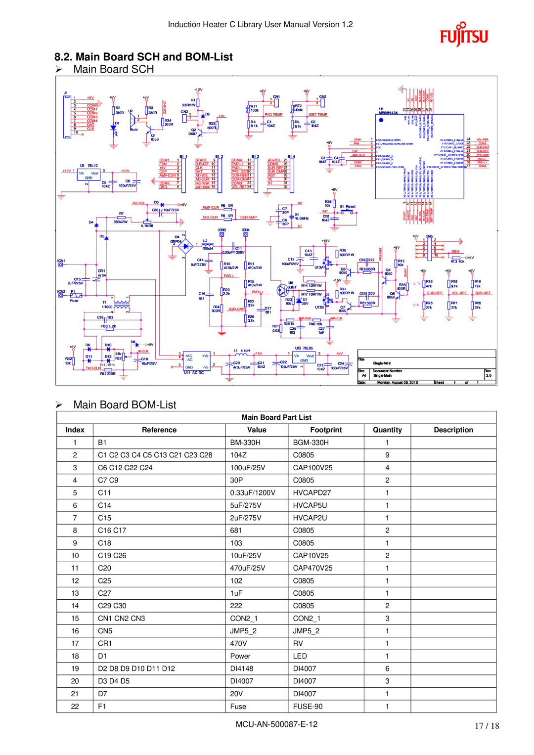 Fujitsu MB95F430 Main Board SCH and BOM-List, Main Board Part List, Index, Reference, Value, Footprint, Quantity 