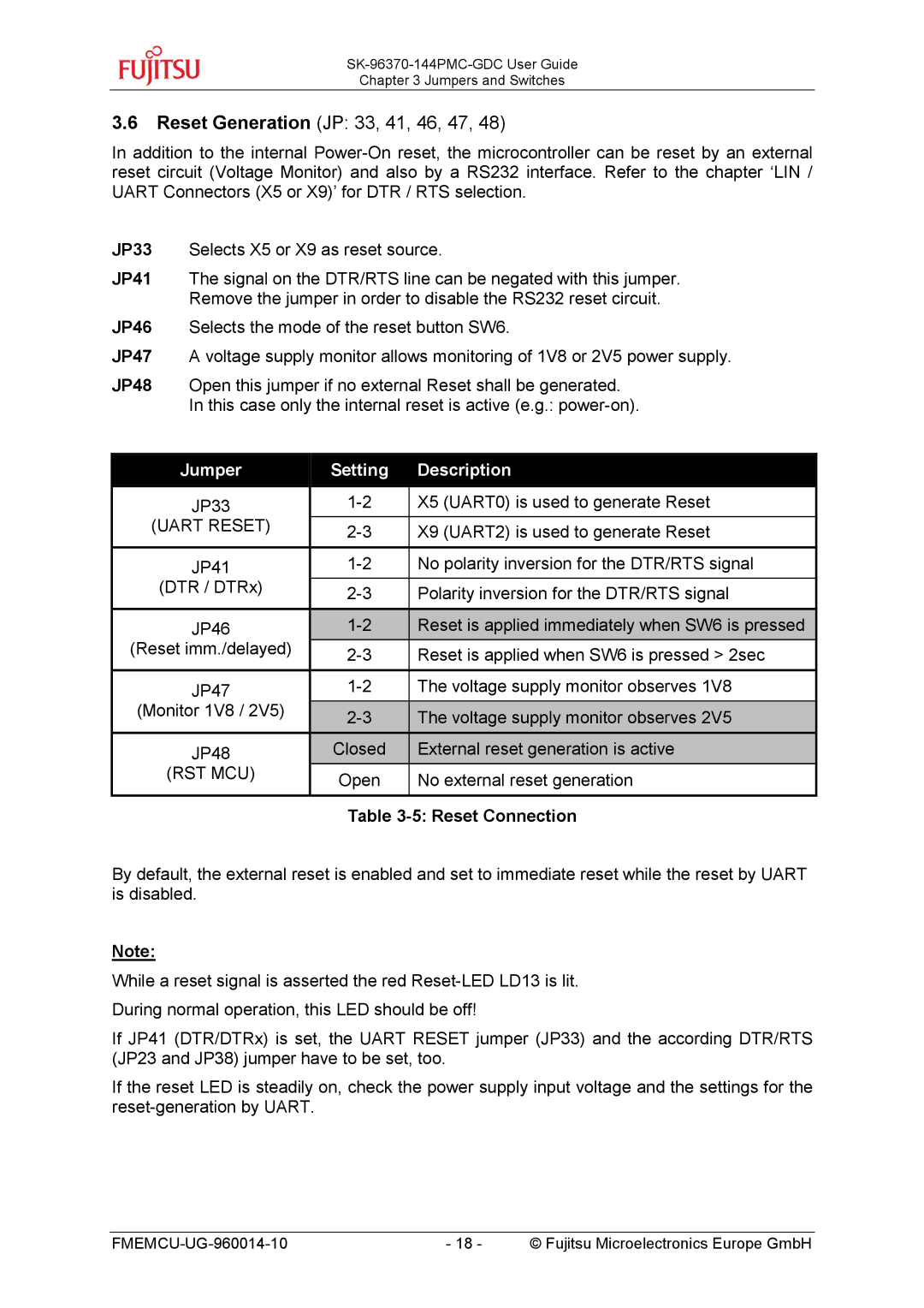 Fujitsu MB96300 manual Reset Generation JP 33, 41, 46, 47, Uart Reset, Rst Mcu, Reset Connection 