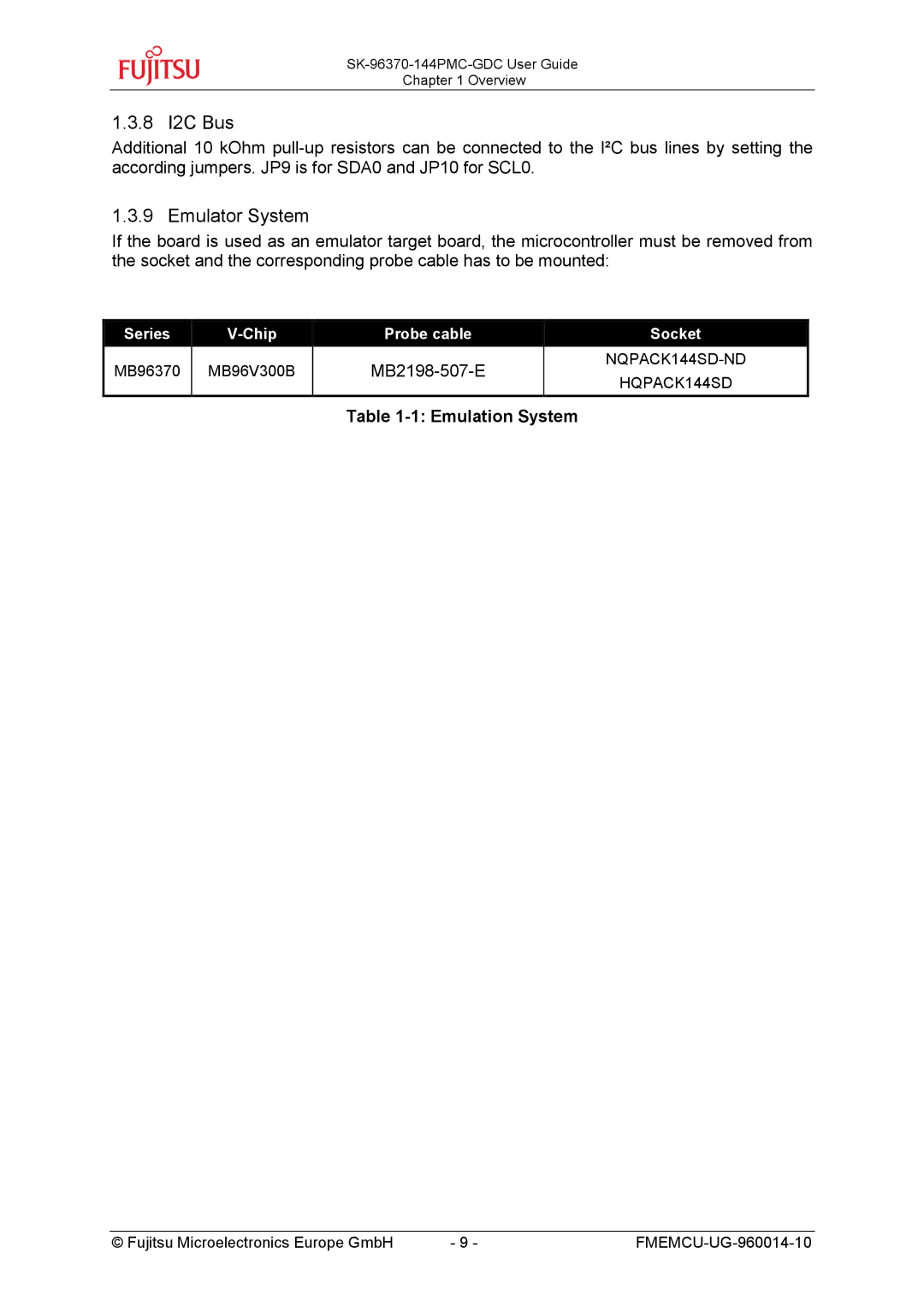 Fujitsu MB96300 manual 8 I2C Bus, Emulator System, Emulation System 