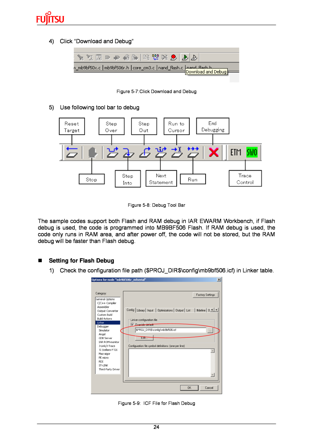 Fujitsu MB9B500 Series user manual „ Setting for Flash Debug 