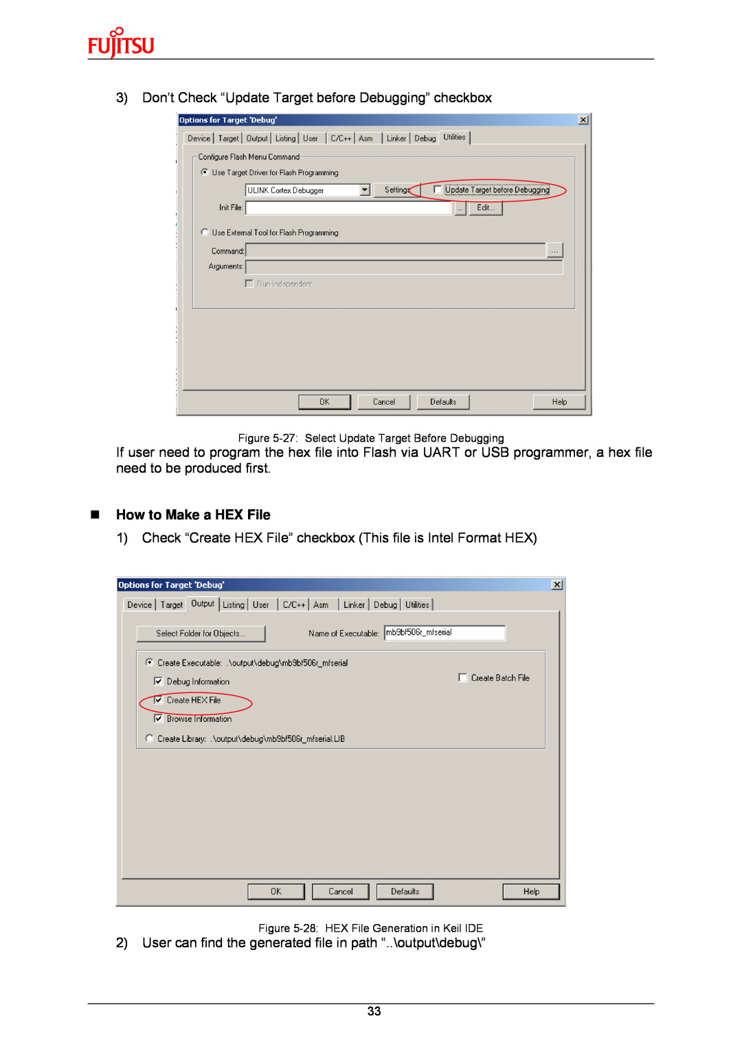 Fujitsu MB9B500 Series user manual „ How to Make a HEX File, 27 Select Update Target Before Debugging 