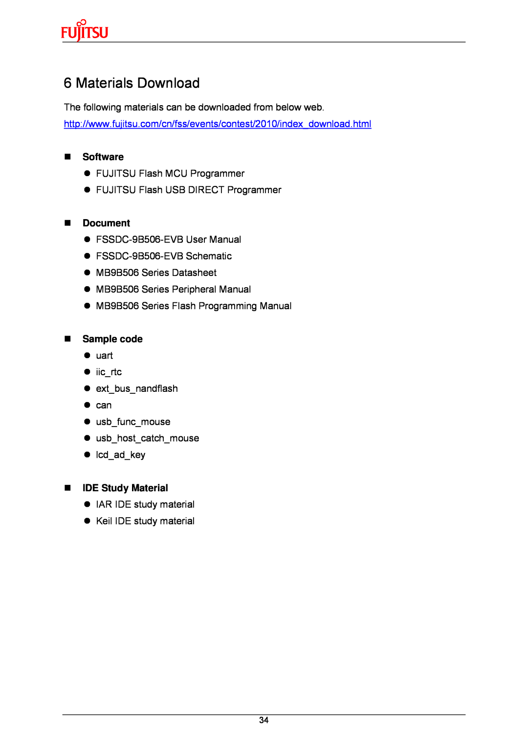 Fujitsu MB9B500 Series user manual Materials Download, „ Software, „ Document, „ Sample code, „ IDE Study Material 