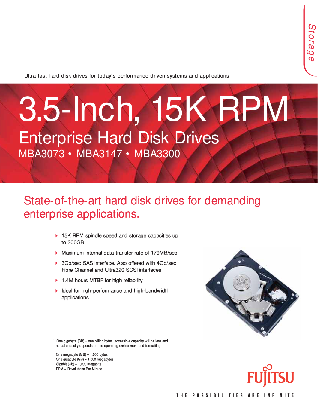 Fujitsu manual Inch, 15K RPM, Enterprise Hard Disk Drives, Stora ge, MBA3073 MBA3147 MBA3300 