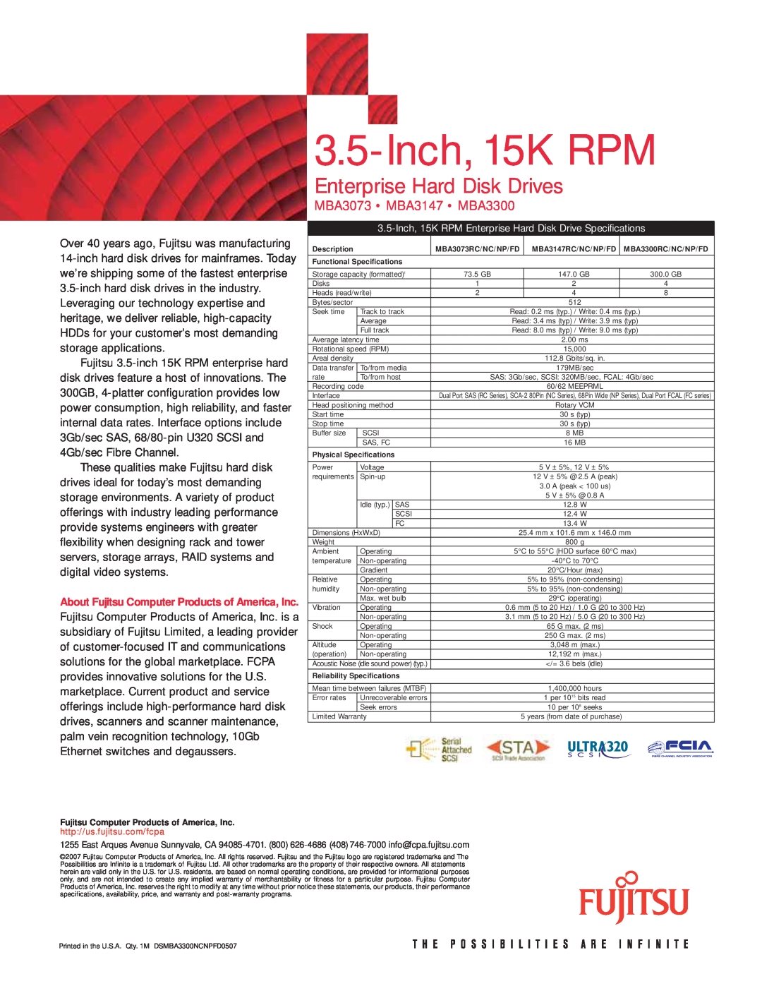 Fujitsu manual Inch, 15K RPM, Enterprise Hard Disk Drives, MBA3073 MBA3147 MBA3300 