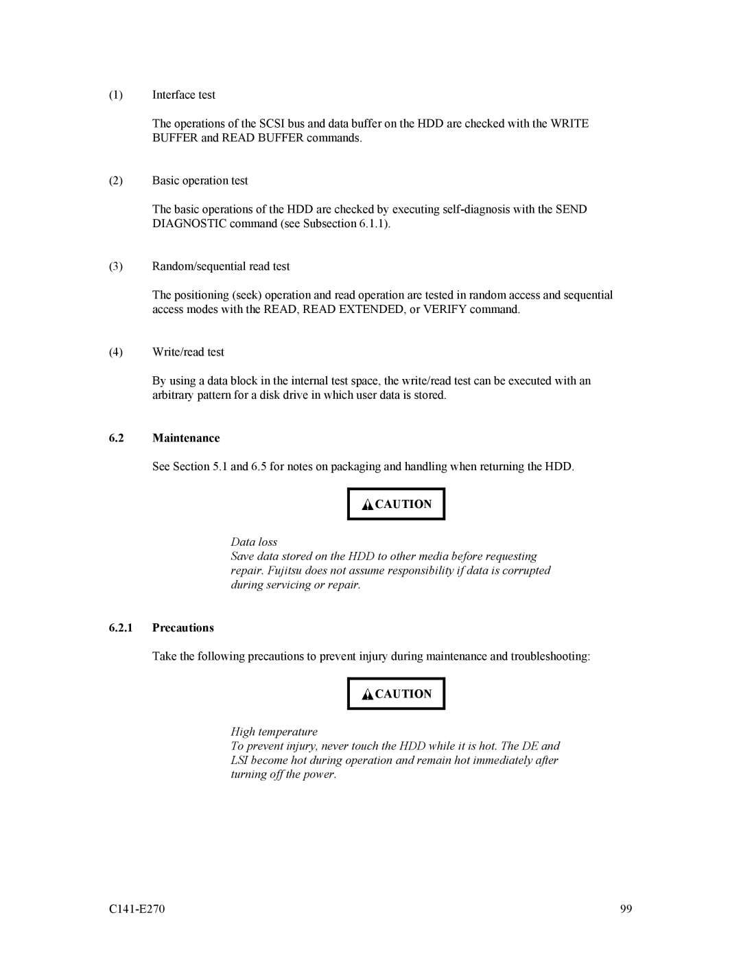 Fujitsu MBA3073NC, MBA3073NP, MBA3300NP, MBA3147NC, MBA3300NC, MBA3147NP manual Maintenance, Precautions 