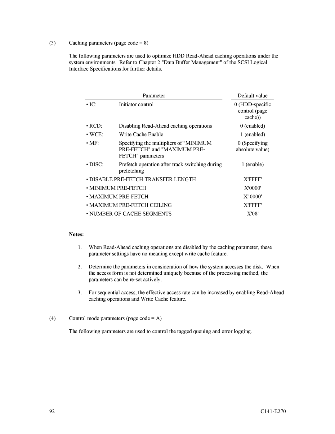 Fujitsu MBA3073NP, MBA3073NC, MBA3300NP Disc, Disable PRE-FETCH Transfer Length Xffff Minimum PRE-FETCH, Maximum PRE-FETCH 