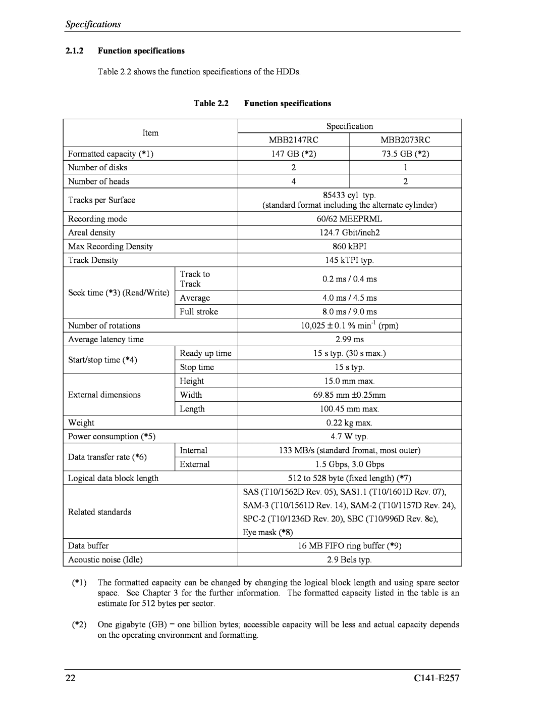 Fujitsu MBB2147RC, MBB2073RC manual Specifications, Function specifications 
