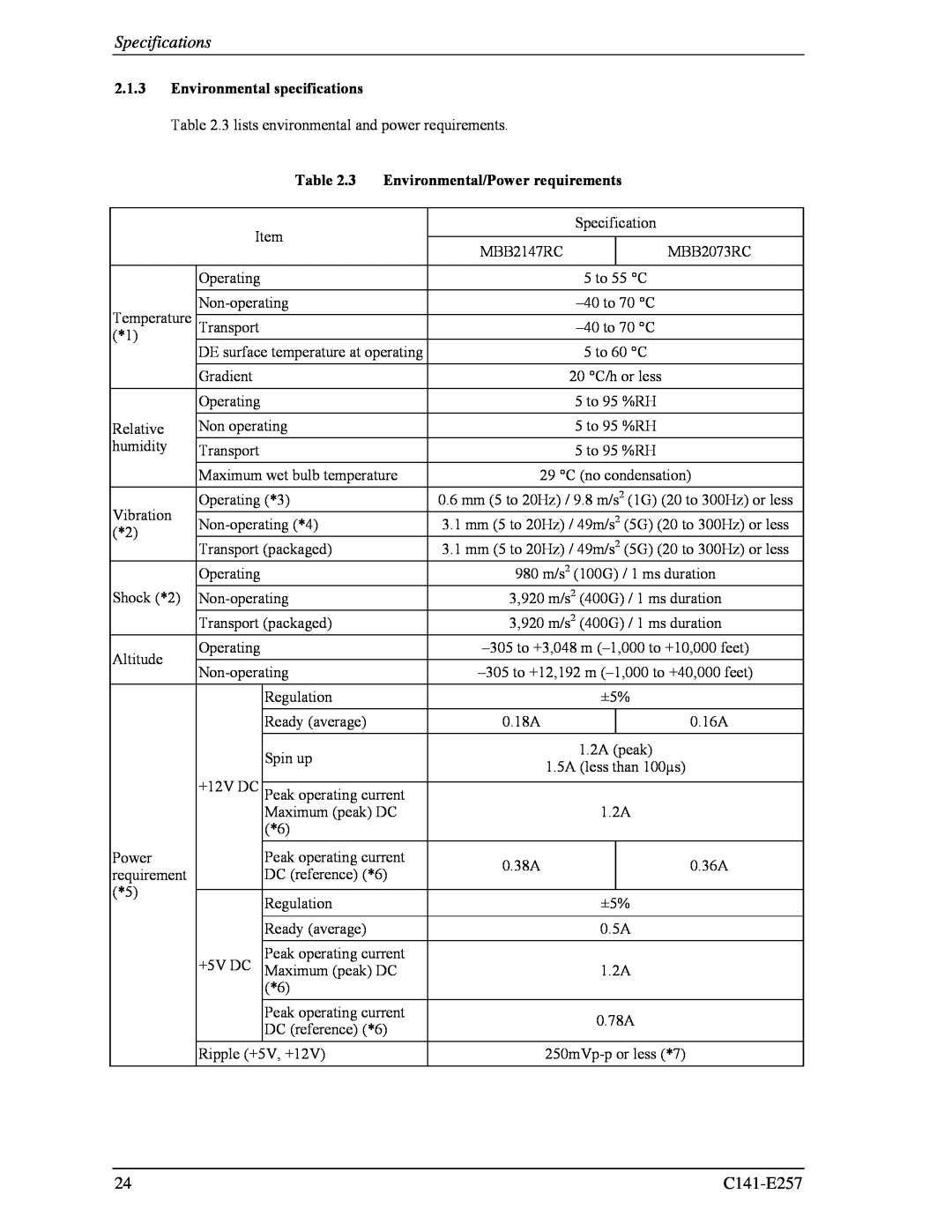 Fujitsu MBB2147RC, MBB2073RC Specifications, C141-E257, Environmental specifications, Environmental/Power requirements 