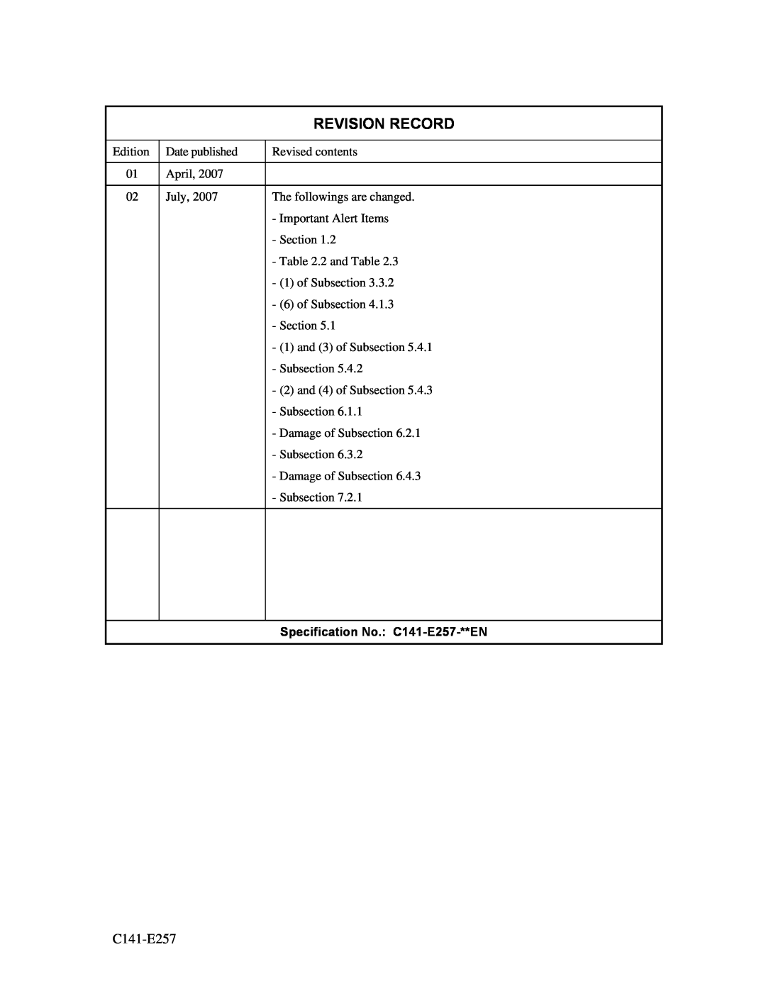 Fujitsu MBB2073RC, MBB2147RC manual Revision Record, Specification No. C141-E257-**EN 