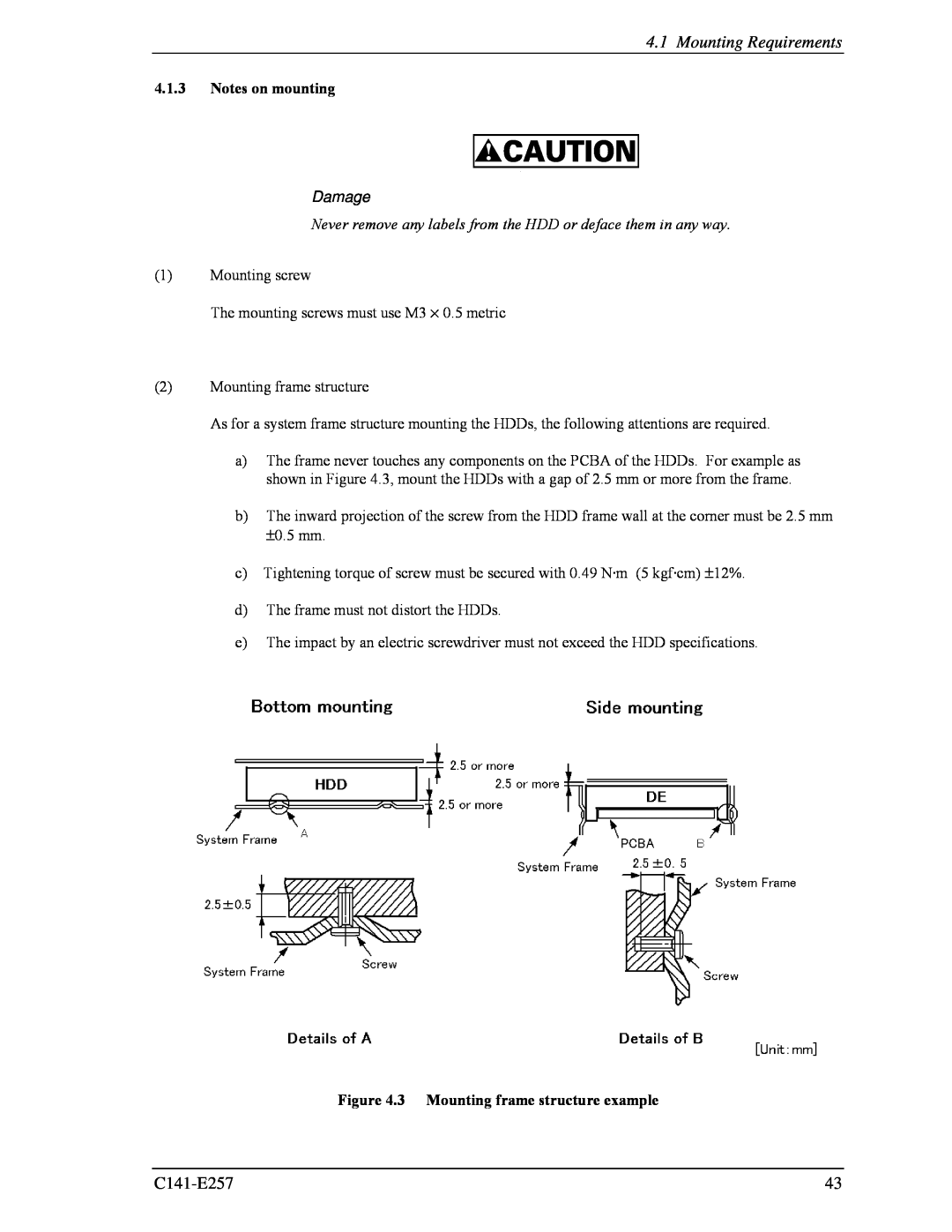 Fujitsu MBB2073RC, MBB2147RC manual Mounting Requirements, Notes on mounting, Damage, 3 Mounting frame structure example 