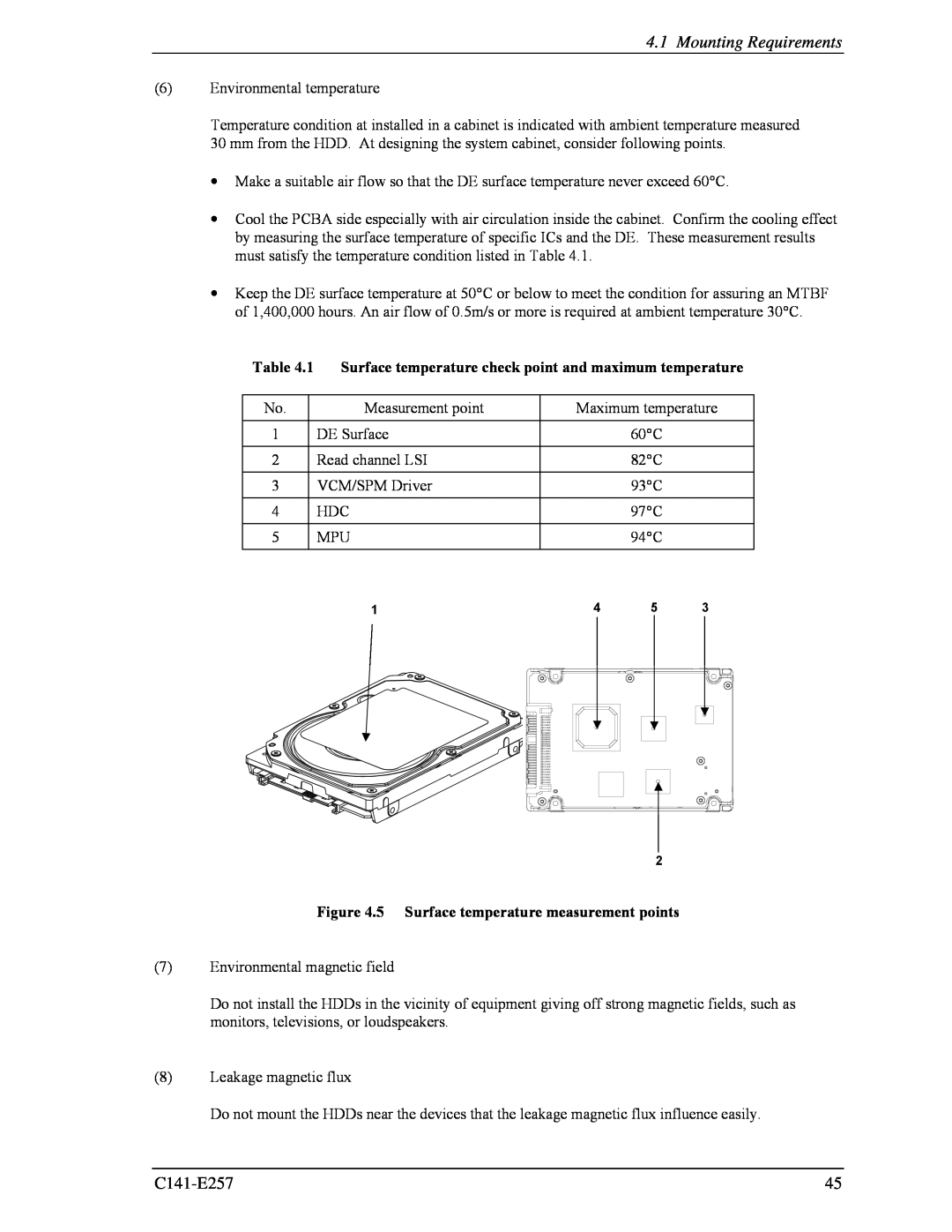 Fujitsu MBB2073RC, MBB2147RC manual Mounting Requirements, 1 Surface temperature check point and maximum temperature 