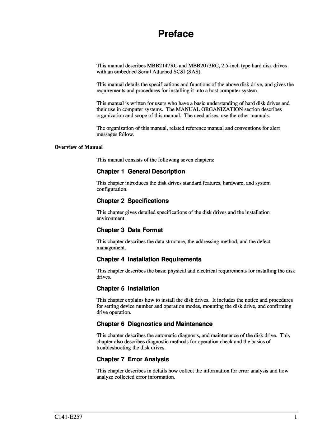 Fujitsu MBB2073RC Preface, General Description, Specifications, Data Format, Installation Requirements, Error Analysis 